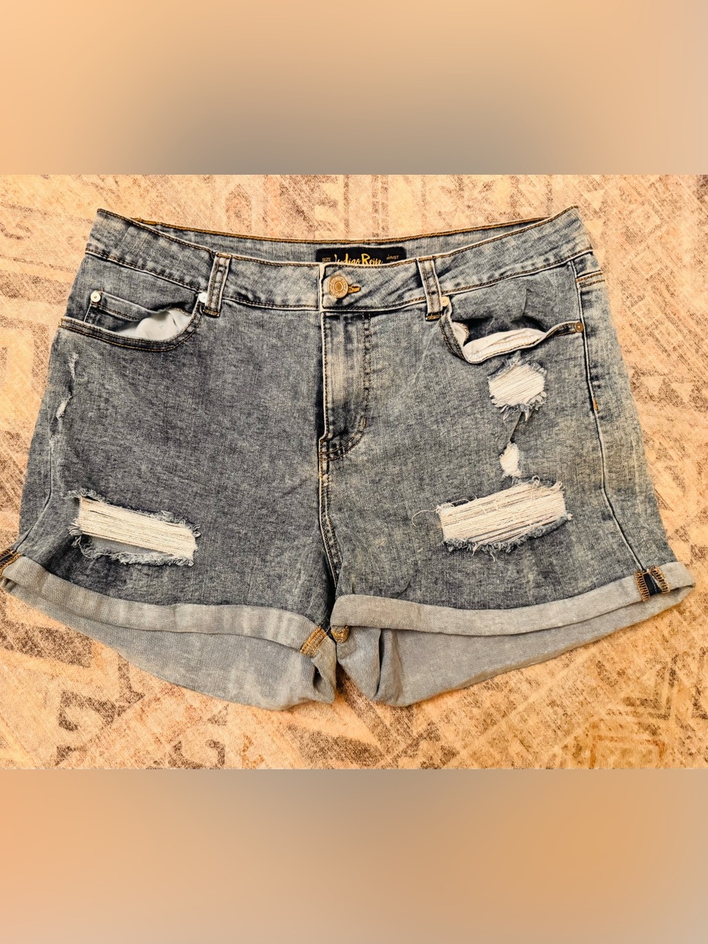 High-Rise Distressed Denim Shorts - Med Wash Blue